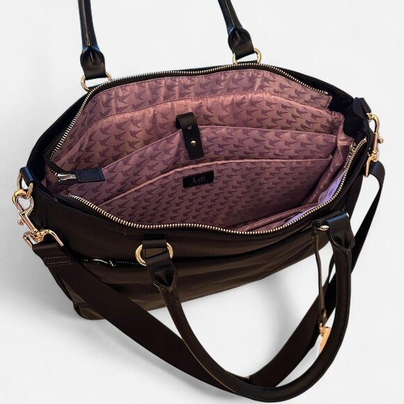 LO & SONS Brookline Women's Bag Exterior Black Gold Hardware Lavender Interior - Picture 2 of 4